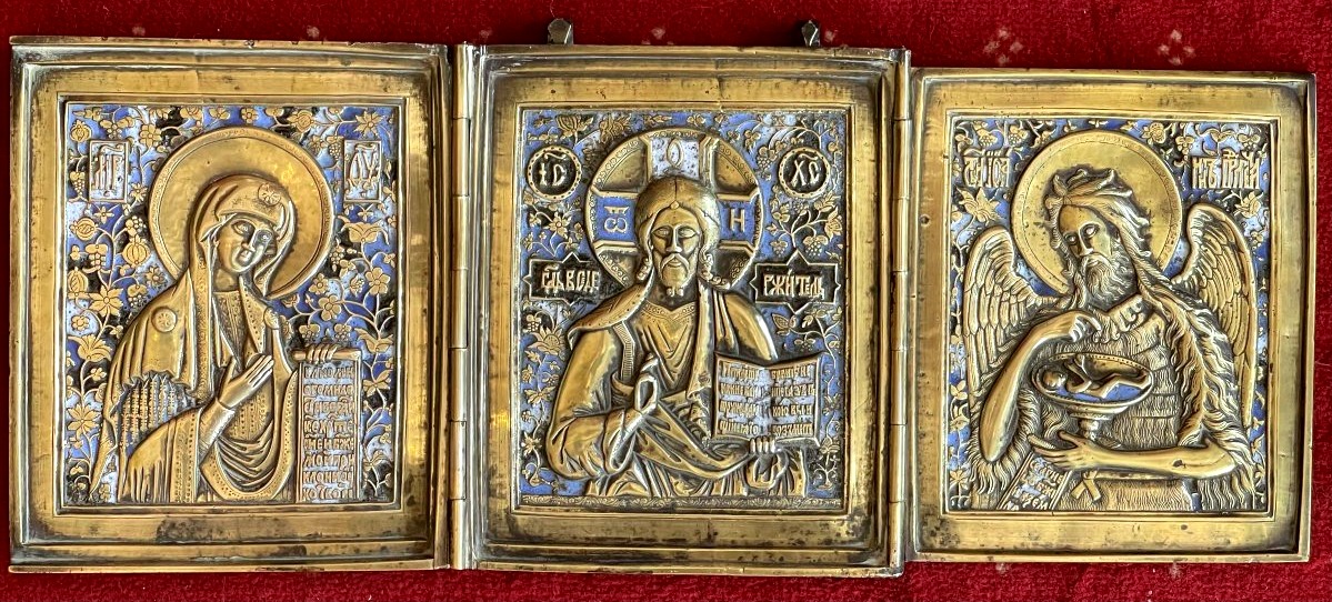 Large Travel Triptych Icon: Christ, Mary, And St. John, Enameled Bronze, 19th-century Russia, Deisis