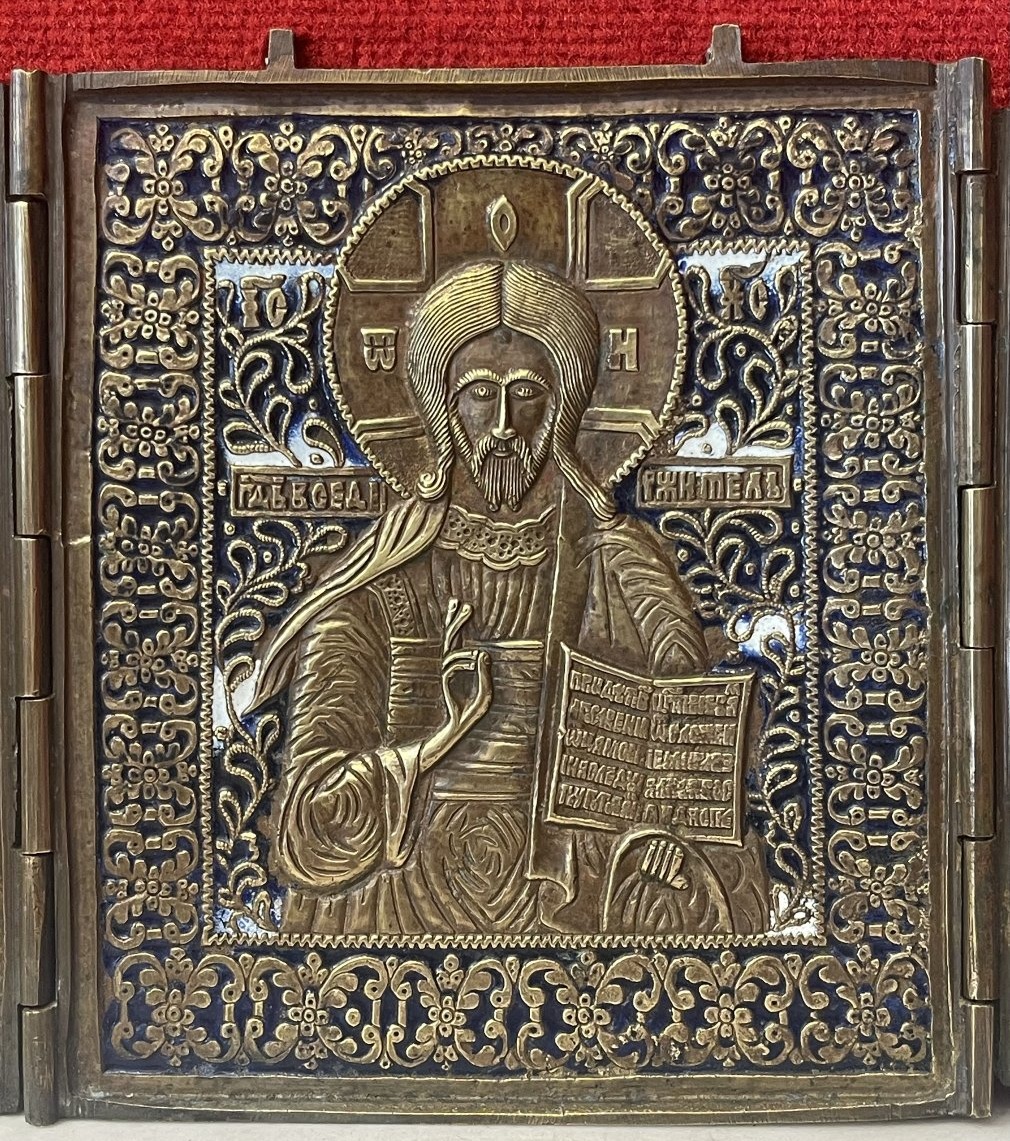 Large Triptych Travel Icon Of Christ, Mary, And St. John, Enameled Bronze, Russia, 18th Century-photo-2