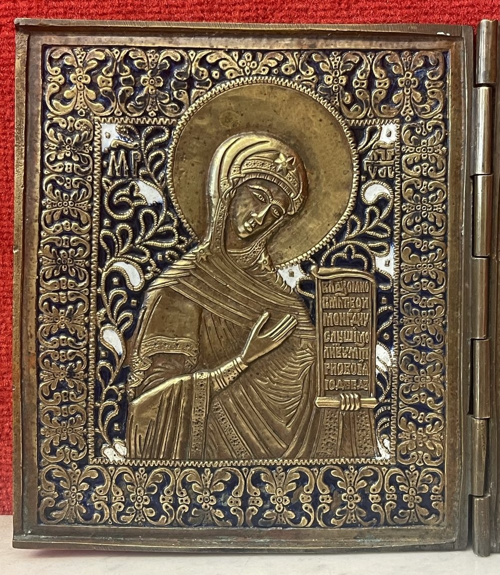 Large Triptych Travel Icon Of Christ, Mary, And St. John, Enameled Bronze, Russia, 18th Century-photo-3