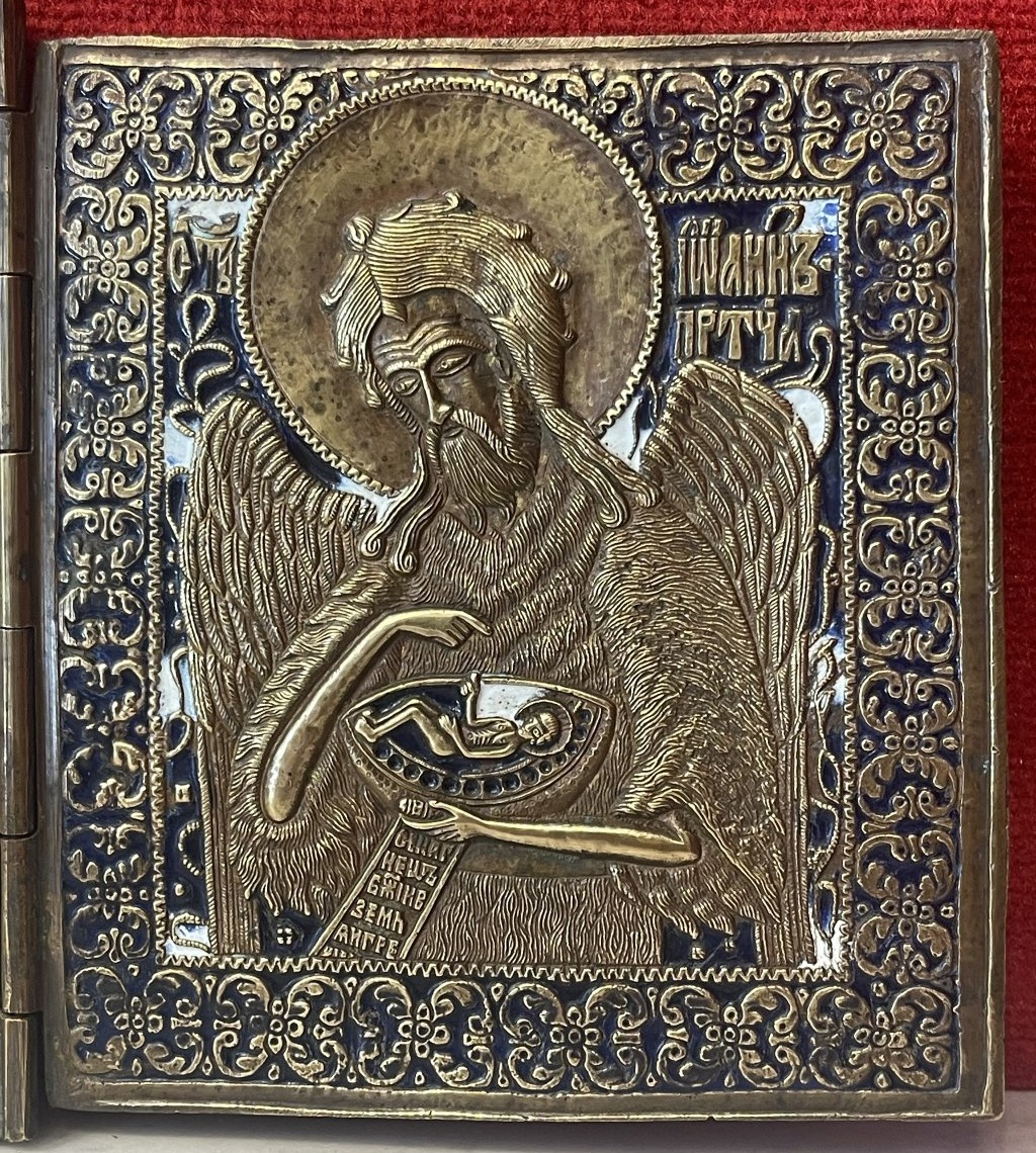 Large Triptych Travel Icon Of Christ, Mary, And St. John, Enameled Bronze, Russia, 18th Century-photo-4