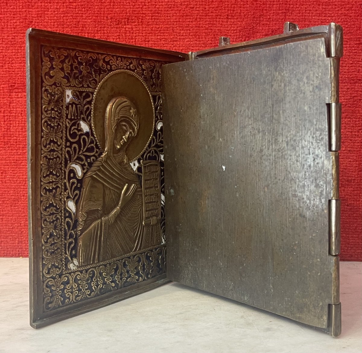 Large Triptych Travel Icon Of Christ, Mary, And St. John, Enameled Bronze, Russia, 18th Century-photo-2