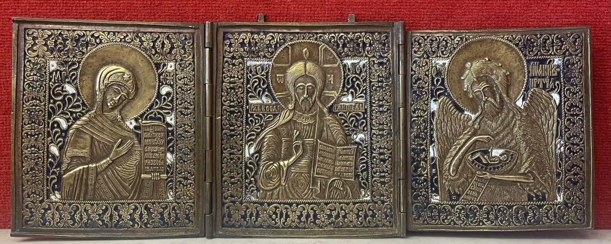 Large Triptych Travel Icon Of Christ, Mary, And St. John, Enameled Bronze, Russia, 18th Century