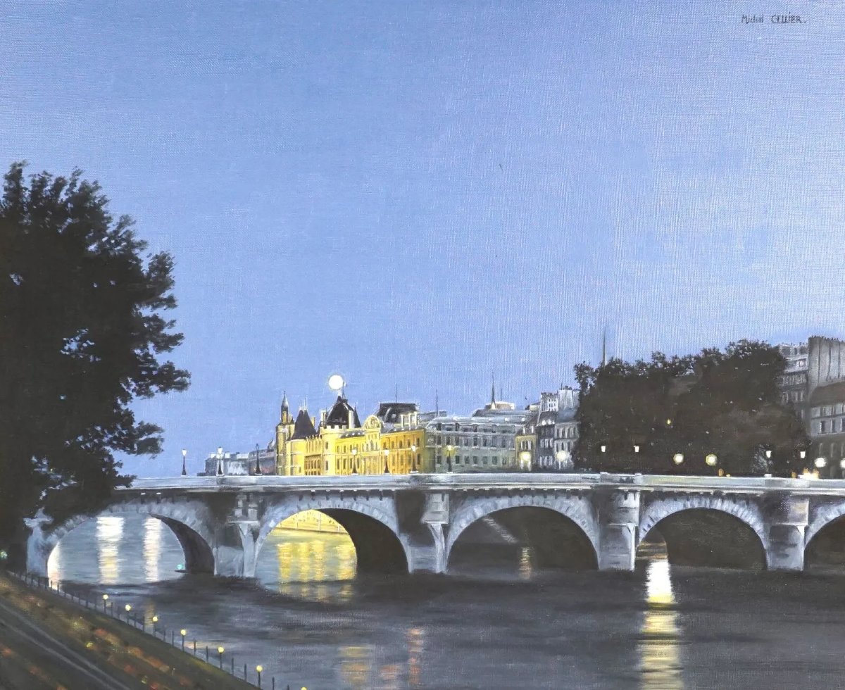 Michel Cellier (1937-) "La Nuit de Paris",  l'Île de la Cité, le Pont Neuf et la Conciergerie -photo-2