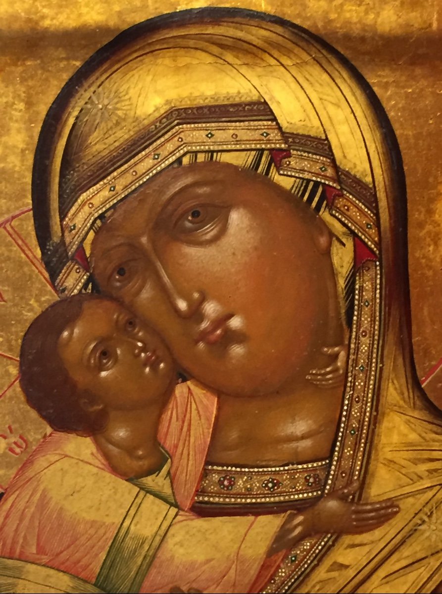 Russian Icon Of The Virgin Of Vladimir, Orthodox Russia 19th Century / Mary -photo-3