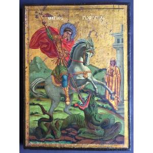 Icône De Saint Georges Terrassant Le Dragon, Grèce 19e Siècle / Icone Grecque Orthodoxe / Icon / icona