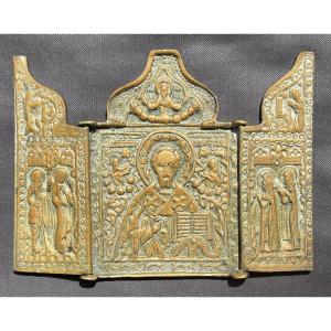 Bronze Travel Triptych Icon Of Saint Nicholas, Russia 18th Century / Icone Orthodox