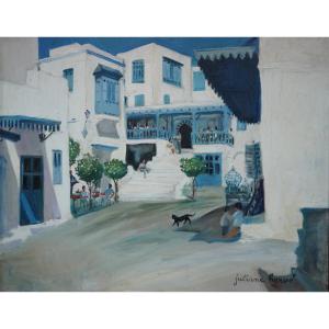 Juliane Hervé (1921-2006), Sidi Bou Saïd, Tunisie, Grande Huile Sur Toile / Peinture Orientaliste / Tunis / Julianne / Café des Nattes