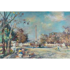 Zimmermann René (1904-1991), Paris The Tuileries Garden And The Place De La Concorde, Large Oil On Canvas / France Urban Landscape