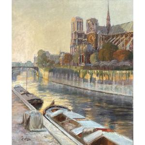 Marie Daubige, Parie Vue De Notre Dame de Paris,  Huile Sur Toile / France Paysage Urbain / Seine