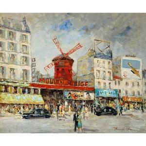 Henri Stienn (1903-1993), Paris Le Moulin Rouge, Oil On Canvas / France Urban Landscape