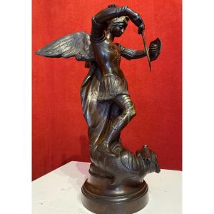 Bronze De Saint Michel Terrassant Le Dragon, Signé Emile Voyez, 19e Siècle / Sculpture / Statue Archange