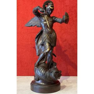Bronze Of Saint Michael Slaying The Dragon, Signed Emile Voyez, 19th Century / Sculpture / Statue Archangel