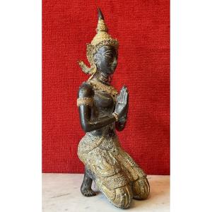 Gardien de Temple bouddhique, Thaïlande 19e Siècle, Sculpture en Bronze Patiné et Doré / Art Asiatique Bouddha / Bouddhisme / Dvarapala