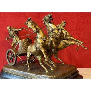 Course De Char Romain,  Grande Sculpture En Bronze par Antonio Vaneti (1881-1962) / Gladiateur Rome Grèce Antique  / jeux du Cirque / Aurige / Trige / Chevaux