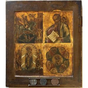 Icône de Marie, Saints George Et Matthieu avec Ex-Voto, Russie Vers 1700 / Icone Icon / Vierge