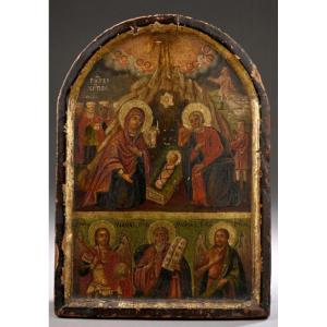 Rare Icon Of The Nativity Of Christ, Blessed In Jerusalem, Russia 18th / Orthodox 