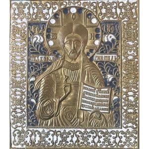 Grande Icône Triptyque Du Christ, Marie Et St Jean, Bronze Emaillé, 18e Russie Vieux Croyants