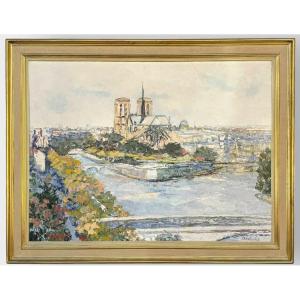 MONUMENTALE HUILE SUR TOILE DE LA SEINE ET DE NOTRE DAME À PARIS PAR THÉOBALD RENÉE (1926-2014)