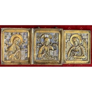 Grande Icône Triptyque De Voyage: Christ, Marie Et St Jean, Bronze Emaillé, Russie 19e, Déisis