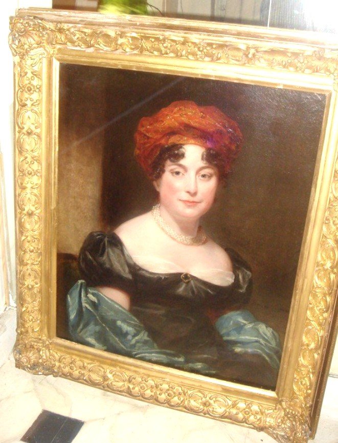 Portrait De Femme grande huile Sur Toile  époque Romantique 1830-1840 ,cadre Doré-photo-3