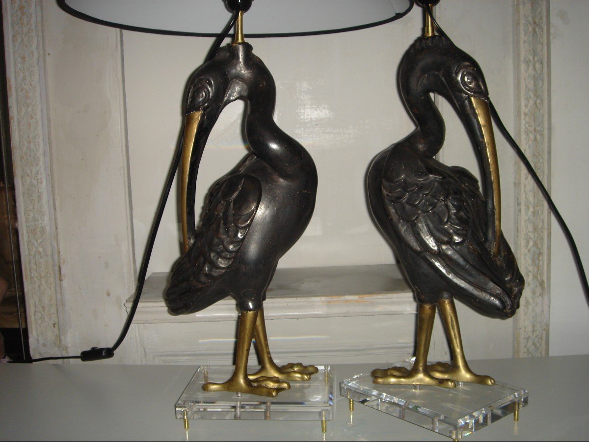 Paire De grandes Lampes 1970 .ibis En Bois Sculpté Argenté  Patiné & Laiton Sur Socles En Plexi-photo-2