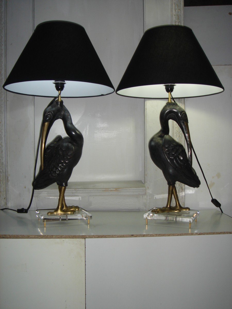 Paire De grandes Lampes 1970 .ibis En Bois Sculpté Argenté  Patiné & Laiton Sur Socles En Plexi