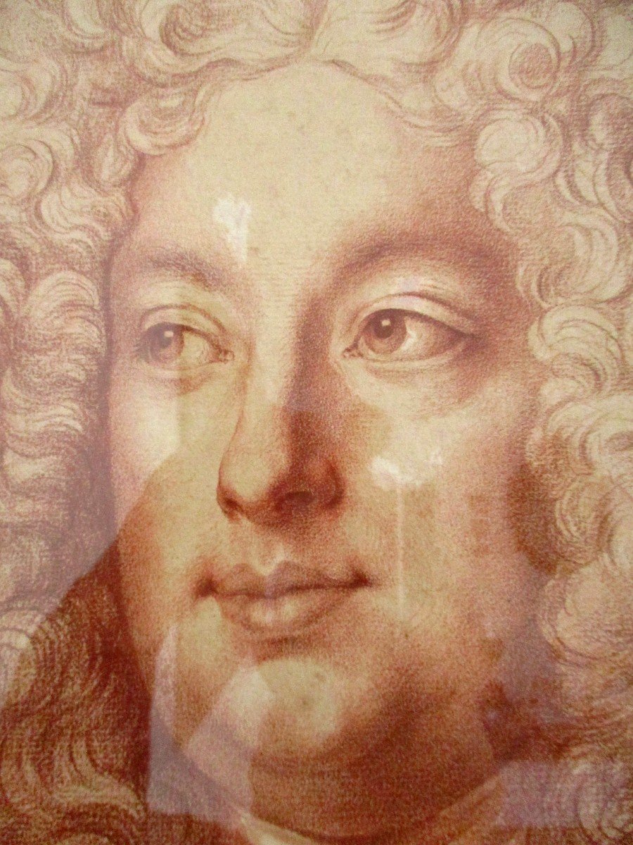 Grand Portrait à La Sanguine d'Homme En Grande Perruque Louis xiv & Armure -photo-4