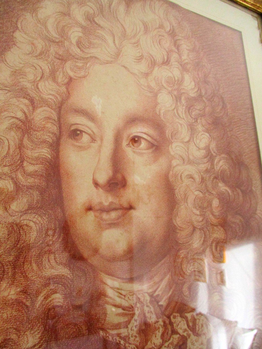 Grand Portrait à La Sanguine d'Homme En Grande Perruque Louis xiv & Armure -photo-1