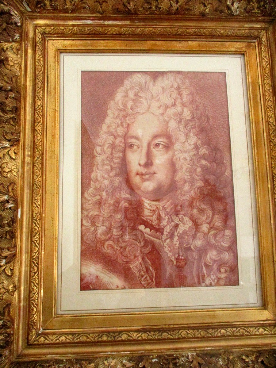 Grand Portrait à La Sanguine d'Homme En Grande Perruque Louis xiv & Armure -photo-3