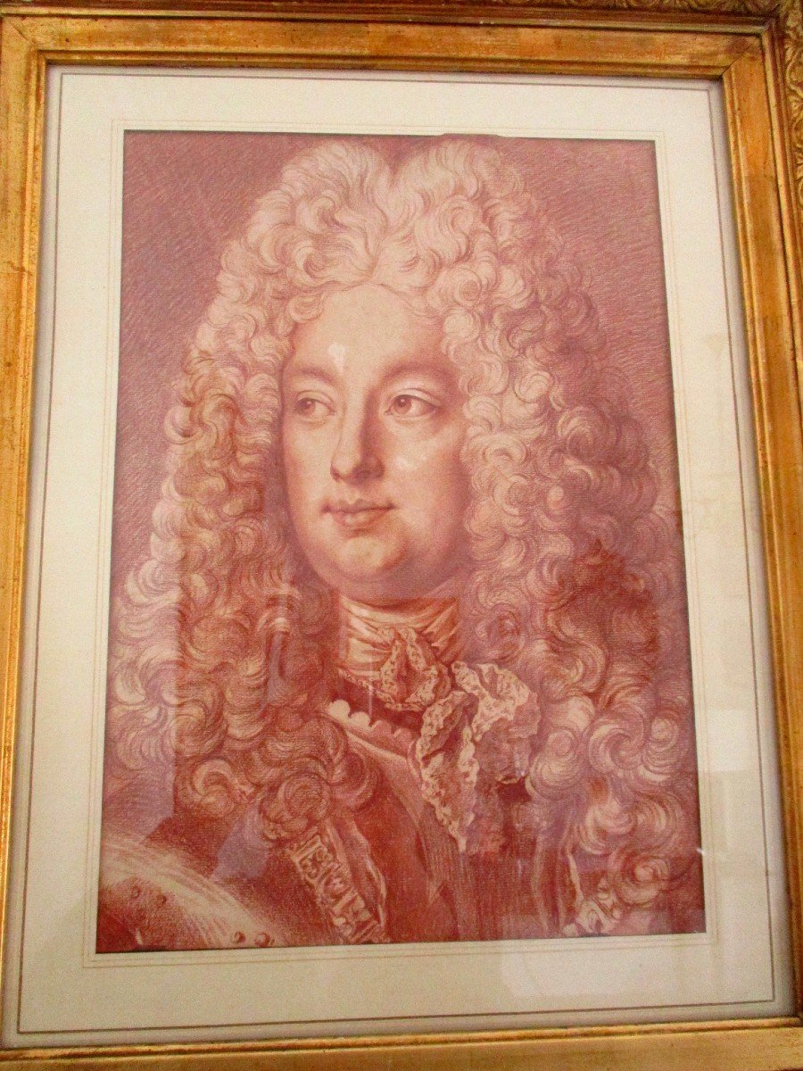 Grand Portrait à La Sanguine d'Homme En Grande Perruque Louis xiv & Armure -photo-4