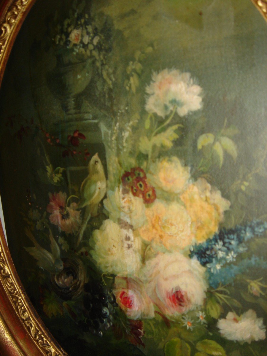 Fall (sheaf Or Bouquet) Of Roses With Vase And Bird In A Garden H/panel Oval Golden Frame-photo-3