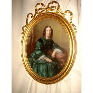 Large Oval Pastel Portrait Of Young Woman Napoleon III Period In Its Golden Frame