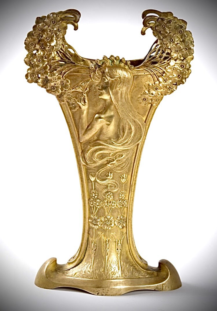Art Nouveau Golden Bronze Vase Signed A.fery Fondu By Louchet