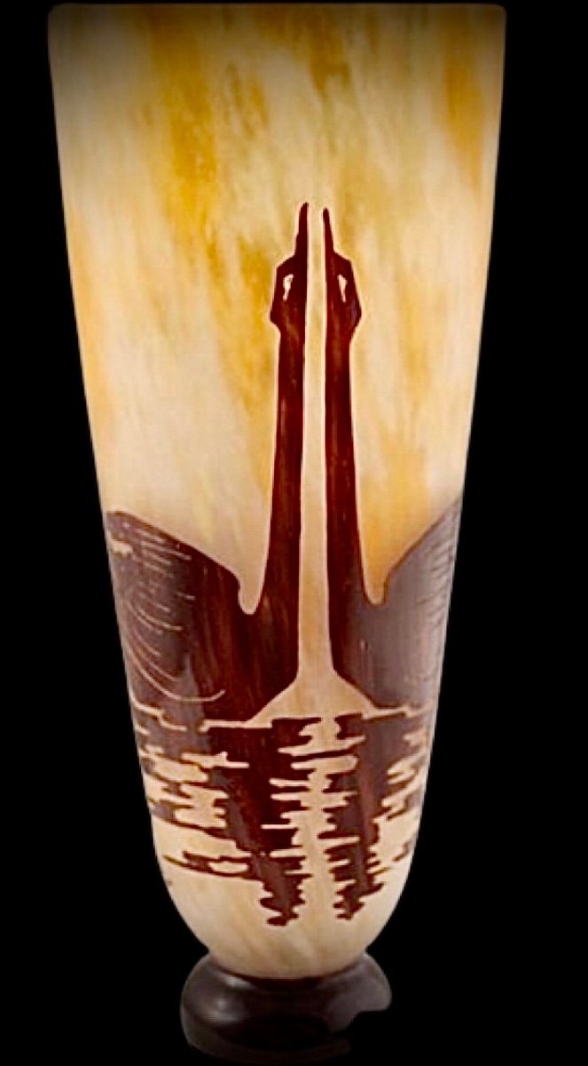Vase Aux Cygnes De Charder /le Verre FranÇais -photo-3