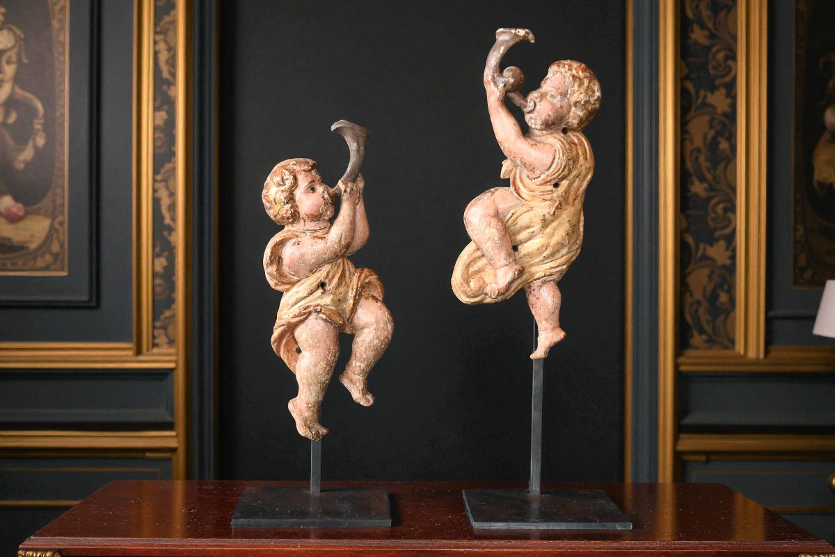 Pair Of Carved Wooden Angels From The 17th Century-photo-2