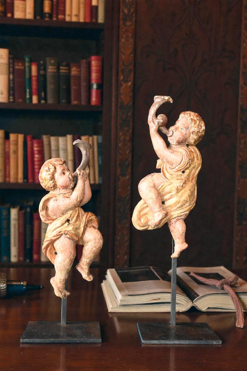Pair Of Carved Wooden Angels From The 17th Century-photo-3