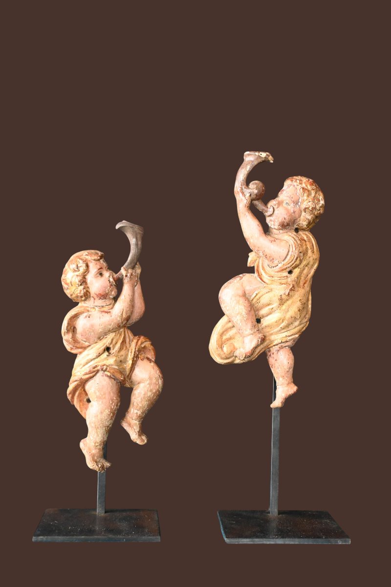 Pair Of Carved Wooden Angels From The 17th Century-photo-4