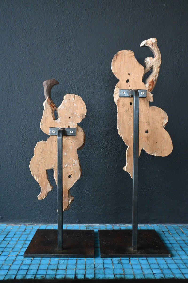 Pair Of Carved Wooden Angels From The 17th Century-photo-2