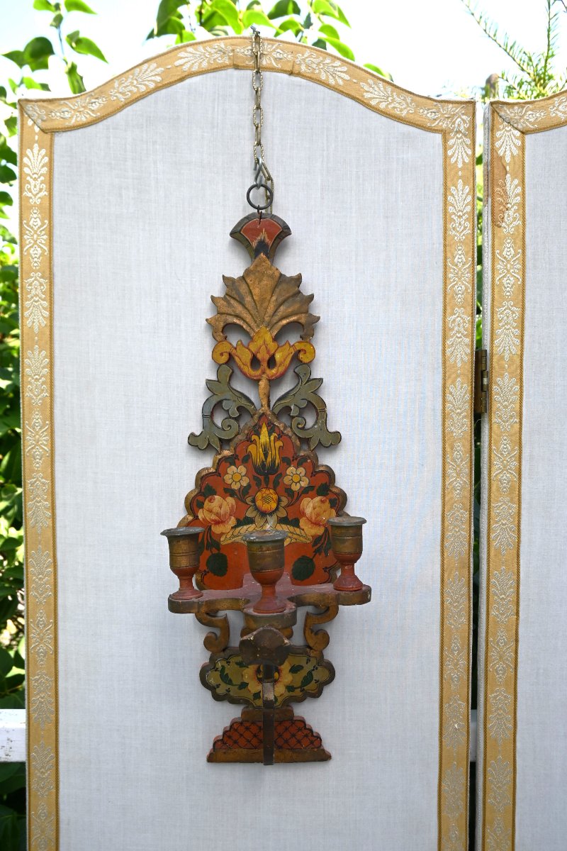 Pair Of Polychrome Wooden Wall Sconces-photo-2