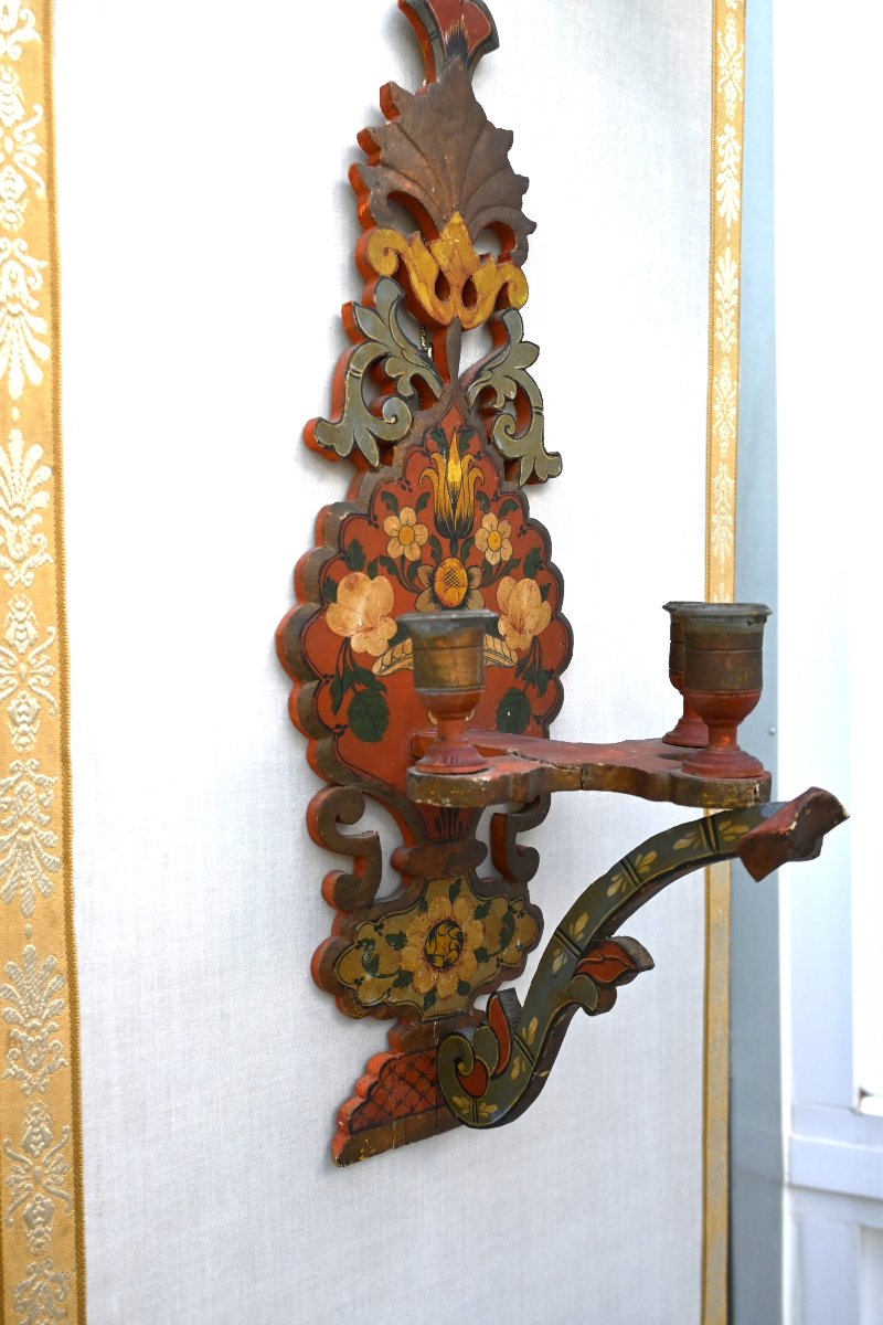 Pair Of Polychrome Wooden Wall Sconces-photo-3