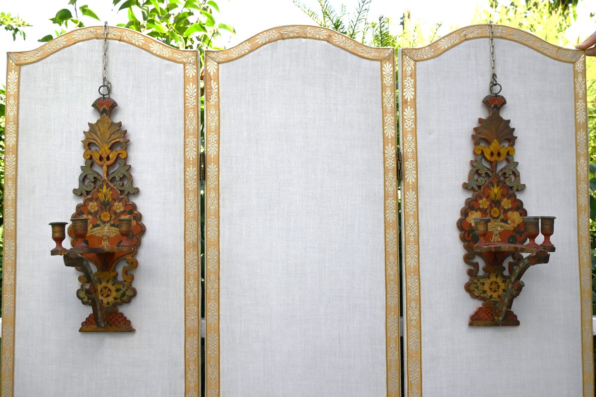 Pair Of Polychrome Wooden Wall Sconces-photo-4