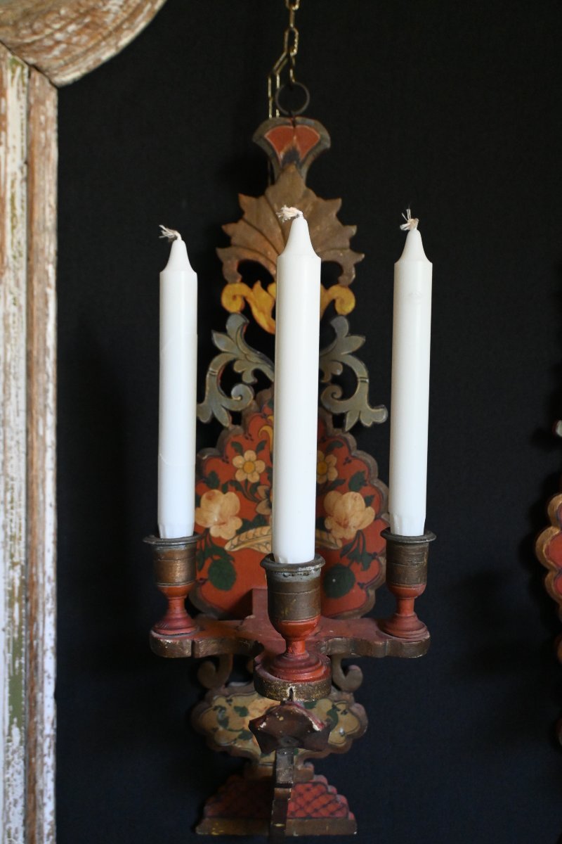 Pair Of Polychrome Wooden Wall Sconces-photo-3