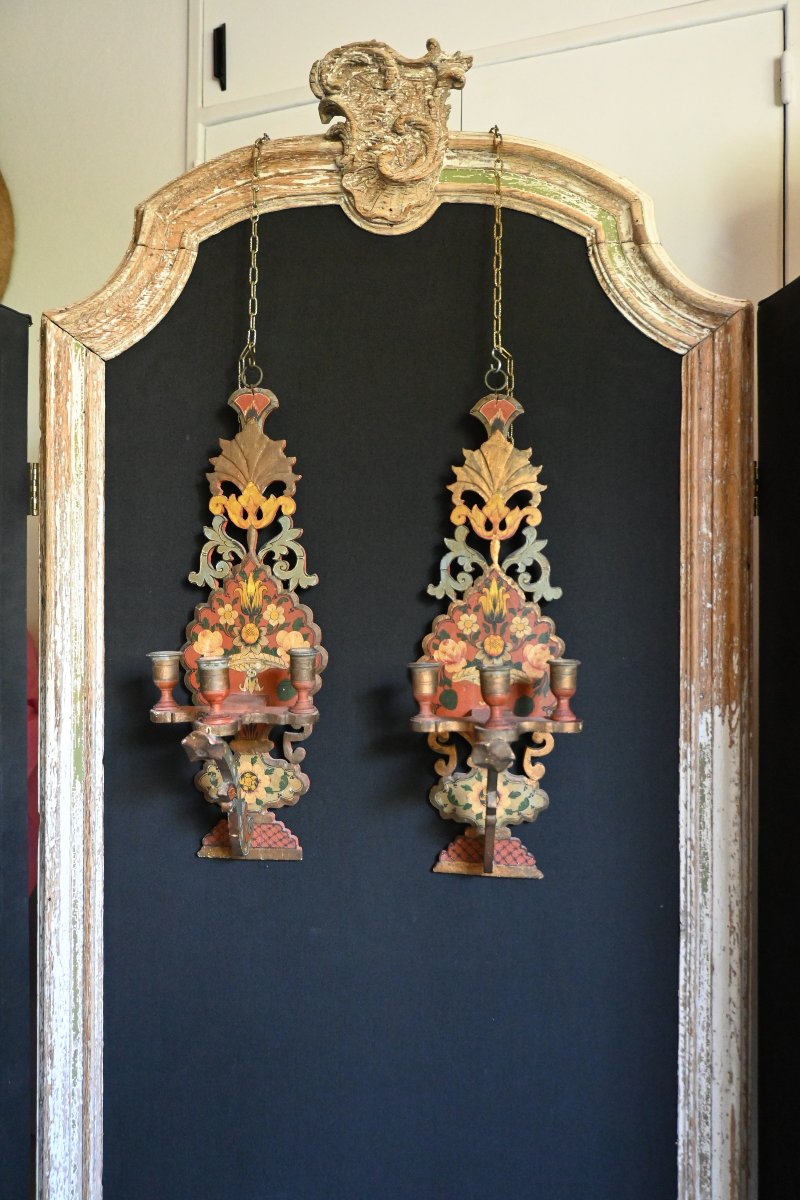 Pair Of Polychrome Wooden Wall Sconces