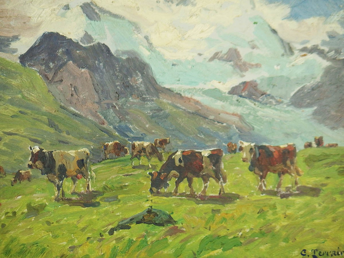 "cows In The Pasture" Oil On Cardboard By Clovis Terraire-photo-3