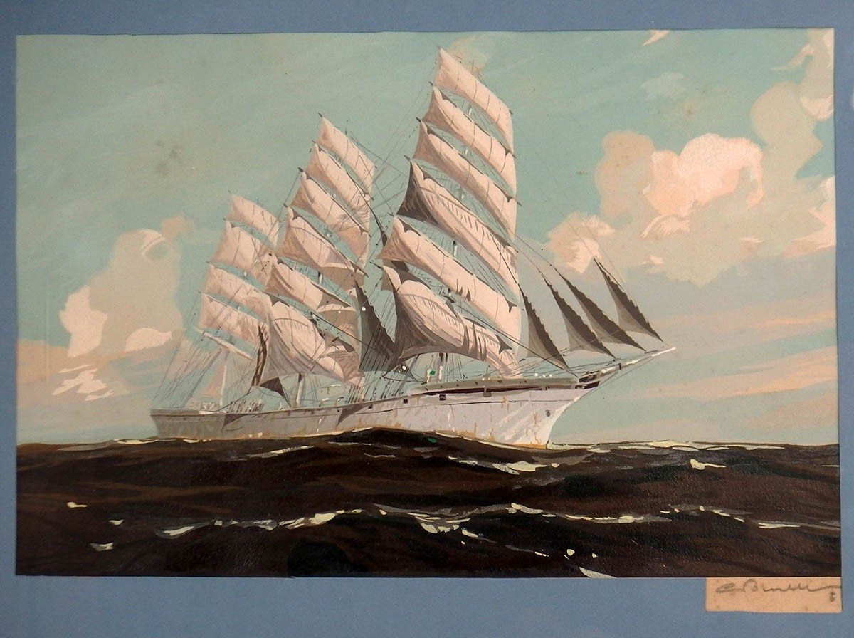 "Trois mâts sur mer houleuse"Pochoir par Georges Fouillé-photo-2