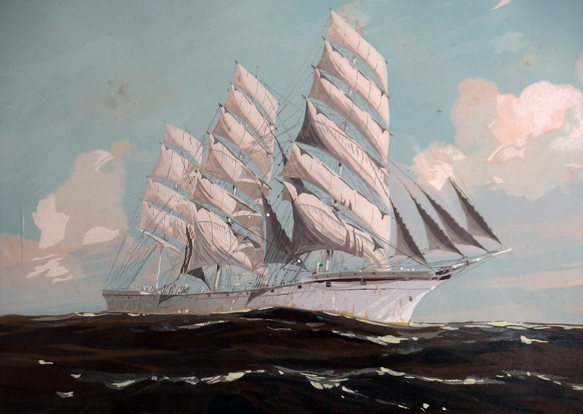 "Trois mâts sur mer houleuse"Pochoir par Georges Fouillé-photo-4