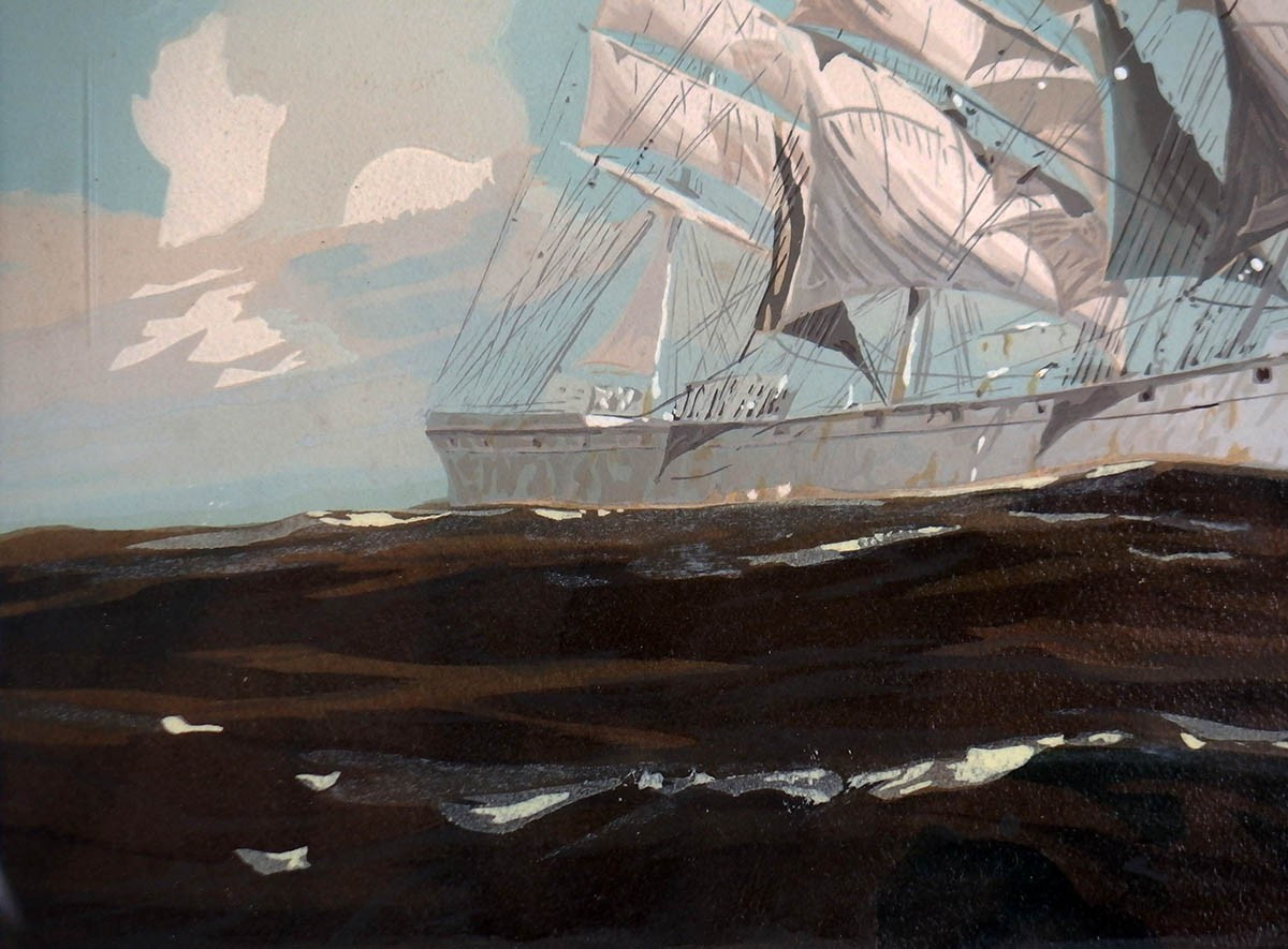 "Trois mâts sur mer houleuse"Pochoir par Georges Fouillé-photo-2