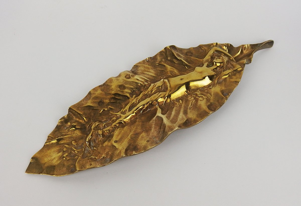 "Feuille"sculpture Art Nouveau en bronze par Georges Delperier-photo-3