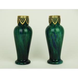 Paire De Vases En Verre De Bohême attribuée à Kralik