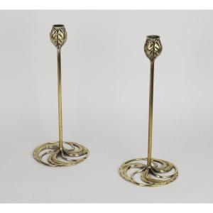 Pair Of Bronze Art Nouveau Candlestick Created By Abel Landry